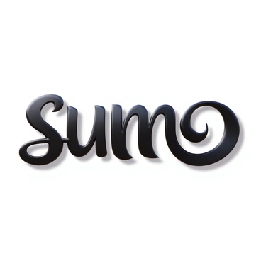 A 3D icon of the word "sumo" designed with elegant brush strokes. The letters are bold and fluid, showcasing intricate curves and a sense of movement. The brush strokes have a glossy finish, emphasizing their artistic texture. The composition provides a sense of depth, with shadows that enhance the dimensional quality of the calligraphy.