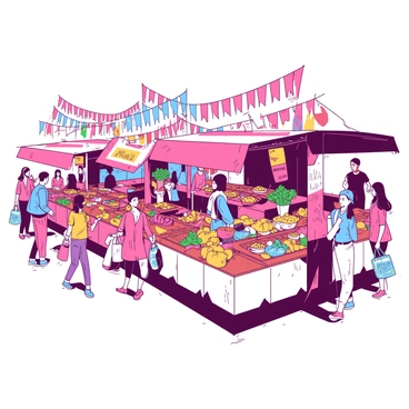 A vibrant scene showcases a marketplace filled with numerous stalls that are overflowing with various food items. There are colorful banners fluttering above each stall, while vendors enthusiastically engage with customers. The stalls are laden with fresh fruits, vegetables, and baked goods, creating a kaleidoscope of colors. People of all ages are exploring the marketplace, some carrying bags filled with purchases. The atmosphere is lively, with a sense of community as shoppers interact and vendors call out their offerings.