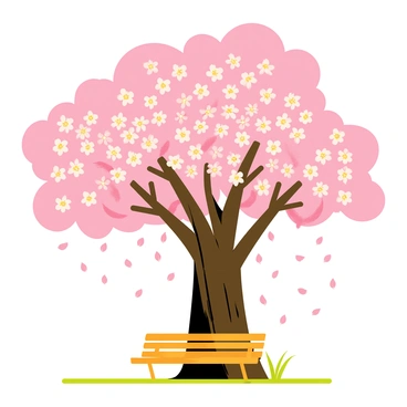 A large tree with a thick trunk and wide branches is covered in pink and white blossoms. The flowers are in full bloom, creating a vibrant canopy above. Delicate petals are gently falling from the branches and drifting down towards the ground. Below the tree, a wooden park bench sits under the colorful shower of petals, which are accumulating around its base. The scene is set in a grassy area with a few scattered blades of grass catching the light.