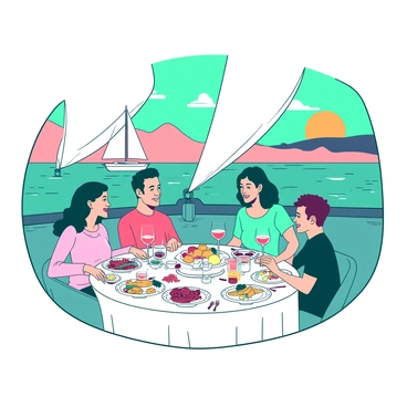 A family is seated around an elegant dining table on a yacht, enjoying a gourmet dinner. The table is adorned with white dinnerware and glistening silver cutlery, with beautiful dishes filled with colorful, exquisite food. The family members are smiling and engaged in conversation, with a teal sunset casting a warm glow over the scene. In the background, the sun slowly descends, blending hues of orange and pink in the sky, creating a picturesque contrast to the white sails of the yacht. Gentle waves ripple around the boat, completing the serene dining atmosphere.