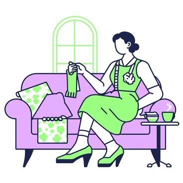 A 1950s housewife is sitting on a cozy couch, engaged in knitting a scarf. She has classic hairstyles typical of the era, wearing a patterned dress with a fitted waist and a full skirt. In her hands, she holds a pair of knitting needles, with yarn of various colors spread out beside her on the couch. The couch is adorned with floral cushions, and a small side table next to her holds a steaming cup of tea. A window in the background lets in soft light, illuminating the scene.