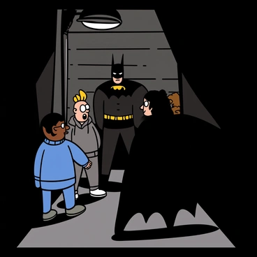 A group of three thugs with various skin tones standing in a dark alley, looking startled at the sudden appearance of Batman. The first thug has short black hair and is wearing a blue denim jacket, the second thug has a shaved head and is dressed in a grey hoodie, while the third thug has long messy hair and is in a black leather jacket. Batman, dressed in his iconic dark costume with a flowing cape, stands confidently in a shadowy part of the alley, his piercing eyes visible through the mask. The alley is illuminated by a flickering streetlight, casting dramatic shadows around them.