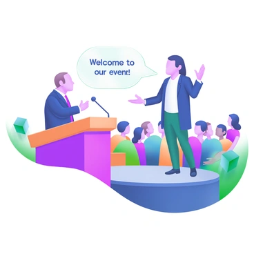 A modern pastel illustration depicting a sign language interpreter standing on a stage. The interpreter is conveying a speech using expressive hand gestures. In the background, a diverse audience of hearing-impaired individuals is attentively watching. The speaker at a podium can be seen, with a speech bubble showing “Welcome to our event” above them. Bright colors in the setting create a vibrant atmosphere.