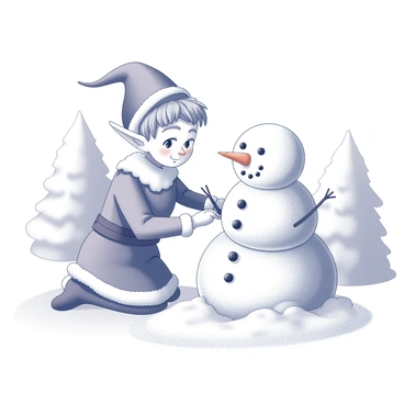 An elf with pointy ears and a festive outfit is carefully constructing a snowman. The elf is kneeling in the snow, packing snow into a round shape for the snowman's body. The snowman has a prominent carrot for its nose, positioned at the center of a round face. Two shiny black pieces of coal are placed as eyes, giving the snowman a cheerful expression. The background features snow-covered trees, enhancing the wintery atmosphere.