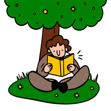 A thoughtful hobbit with curly brown hair and large, expressive feet is sitting cross-legged on the ground, reading a book. He has light skin and is wearing a simple, earthy-toned outfit. He is surrounded by a lush grassy area under a large, leafy tree, where dappled sunlight filters through the leaves, creating patterns of light and shadow on the ground. The hobbit's face shows concentration as he focuses on the pages of the book, with a few wildflowers scattered around him.