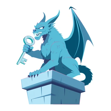 A detailed stone gargoyle perched on the edge of a rooftop, its imposing figure carved with intricate designs and sharp angles. The gargoyle has fierce features, including large, pointed ears and a menacing expression. Its eyes are wide and watchful, as if guarding the area below. In its mouth, it firmly grasps an ornate key, the key is adorned with decorative engravings that reflect the light. The gargoyle is surrounded by grey stone architecture, with shadows cast by the late afternoon sun, enhancing its formidable presence.
