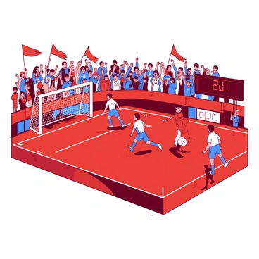 A red soccer field is filled with players in action, wearing blue and white uniforms. One player is making a dynamic kick towards the goal, while another player attempts to intercept the ball. The background features a cheering audience with enthusiastic fans waving orange flags and wearing team apparel. A scoreboard is visible, displaying the current score, and a referee is positioned near the sidelines, observing the play.