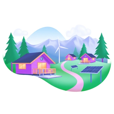 A modern pastel illustration depicting a tranquil mountain retreat featuring several wooden cabins nestled among tall pine trees. Each cabin has a sloped roof and large windows, showcasing a cozy interior glow. In the background, a range of majestic mountains stretches across the horizon under a clear blue sky. Nearby, a small microgrid is visible, consisting of solar panels and wind turbines, powering the cabins. A winding path leads from the cabins to the microgrid, harmonizing nature with modern energy solutions.