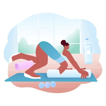 A young woman is positioned on a wooden floor, using a foam roller for her pilates session. She is dressed in fitted athletic clothing, focused on maintaining her balance as she rolls her back over the foam roller. The room is filled with natural light, enhancing the warm tones of the wooden floor. Nearby, a yoga mat is rolled out, accompanied by a set of small weights and a water bottle. A large window showcases a view of greenery outside, adding to the tranquil atmosphere of the space.