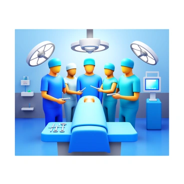 A surgical team of four medical professionals in a modern operating room. One surgeon is performing the surgery while another is assisting, holding surgical instruments. A nurse stands by, ready to hand over tools as needed. The fourth team member monitors the patient's vital signs on a nearby screen. The operating room is equipped with advanced medical equipment, bright overhead lights, and sterile instruments neatly arranged on a tray. The walls are clean and the atmosphere is focused and professional.