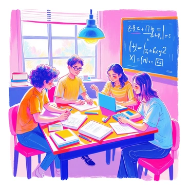 A group of four students is gathered around a large wooden table, deep in discussion. One student, with curly black hair, is writing equations on a piece of graph paper. Another student, wearing glasses, is pointing to a complex formula on a chalkboard. The third student, with a striped t-shirt, is holding a calculator while looking attentively at the others. The fourth student, with long straight hair, is taking notes on her laptop. Various math textbooks and papers are scattered across the table, along with a few colorful pens. A bright lamp stands above the group, illuminating their focused expressions.