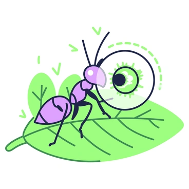 An ant is standing on a green leaf. The ant is holding a magnifying glass in its front legs, focusing closely on a tiny plant cell, which is visible through the glass. The leaf features intricate vein patterns, and sunlight casts shadows around the ant and the leaf. The background includes blurred hints of other leaves, enhancing the scene's natural setting. The plant cell appears detailed and magnified under the glass, showcasing its structure.