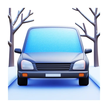 A car windshield covered in frost, showcasing intricate and delicate patterns. The frost appears crystalline and sparkles in the early morning light. The vehicle is parked on a snow-covered street, with tiny ice particles glistening. In the background, there are bare trees coated with frost, contributing to the winter scene.