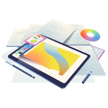 A kit for creating stock illustrations is spread out on a light wooden surface. In the foreground, there is a sleek black tablet with a vibrant display showcasing an open digital art application. Next to the tablet, a finely crafted stylus with a silver tip is positioned, ready for use. On the side, a circular color wheel is displayed, featuring an array of colors ranging from bright yellows to deep blues. Scattered around the kit are various sheets of textured paper, some featuring initial sketches, along with a small notebook filled with handwritten notes and ideas. The overall arrangement suggests an organized and creative workspace.