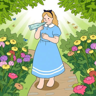 A young girl named Alice with light brown hair tied in a ribbon is standing in a vibrant, lush garden filled with colorful flowers and green plants. She is wearing a blue dress with white stripes and is holding a glass bottle labeled "Drink Me." As she sips from the bottle, her form appears to be shrinking, with her clothes becoming slightly baggy. The flowers around her are in various shades of pink, yellow, and purple, and the garden has intricate details like fluttering butterflies and a small stone pathway. The sunlight filters through the leaves, creating playful patterns on the ground.