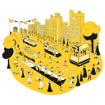 A vibrant parade taking place in a cityscape filled with tall buildings and trees. Various floats are decorated with intricate designs, showcasing traditional motifs and cultural symbols. Performers in elaborate costumes are dancing joyfully along the parade route. Some performers are juggling, while others are playing musical instruments. Crowds of people are gathered along the streets, some waving flags. The atmosphere is lively, filled with movement and energy as the parade progresses.