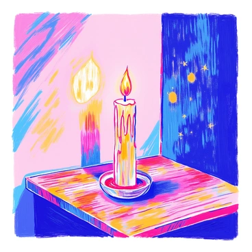 A single candle stands on a wooden table, its wax dripped down the sides. The flame at the top flickers gently, illuminating the space around it. Shadows from the candle are cast on the textured wall behind it, creating intricate patterns. The soft glow of the flame highlights the edges of the table, while the contrast of light and shadow adds depth to the scene.