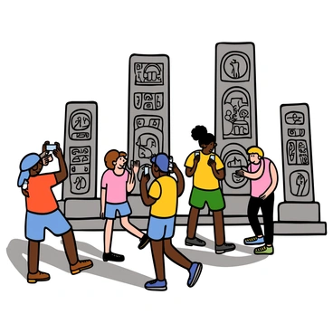 A group of tourists with diverse skin tones and hairstyles are exploring ancient ruins. The scene includes tall stone columns covered in intricate carvings that depict historical scenes and patterns. Some tourists are taking pictures, while others are observing the carvings closely. The sun casts shadows on the ground, highlighting the textures of the stone. The tourists are wearing casual clothing suitable for walking, like shorts, t-shirts, and comfortable shoes.