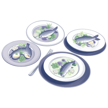 A gourmet restaurant table setting showcasing an array of herring dishes. Each plate features meticulously arranged herring fillets, garnished with delicate herbs and edible flowers. The presentation is intricate, with sauces artistically drizzled around the herring. Various side elements include thinly sliced vegetables and crispy textures, adding visual interest. Elegant tableware surrounds the dishes, enhancing the overall refined dining experience.