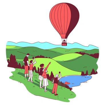 A red hot air balloon is soaring high above a picturesque landscape filled with rolling hills and vibrant green fields. Below, several people are standing on a grassy hilltop, gazing up at the balloon with expressions of delight. Some of the people are pointing towards the sky, while others are taking pictures with their smartphones. The sky is clear, enhancing the beauty of the scene. In the distance, a small blue lake reflects the sunlight, adding to the charm of the landscape.