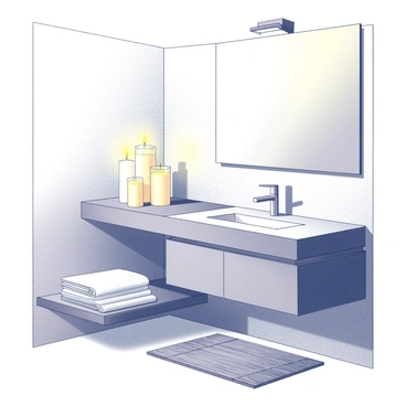 A bathroom scene showcasing a well-organized setup. There are several lit candles arranged on a countertop, casting soft shadows around the space. A stack of fluffy, neatly folded towels is placed on a wooden shelf nearby. The floor is covered with a bamboo mat, adding a natural texture to the environment. A sink with sleek fixtures is visible, along with a large mirror reflecting the warm ambiance of the room.