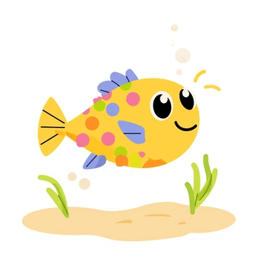 A cartoon-style flounder character with a rounded, flat body covered in colorful scales. The flounder has large, expressive eyes that convey curiosity and joy. Its mouth is wide with a big smile, showcasing small, sharp teeth. The character has playful fins that flutter gently, giving it a lively appearance. Surrounding the flounder are bubbles and a few pieces of seaweed, creating an engaging underwater scene. The background features a sandy ocean floor, completing the whimsical and cheerful atmosphere of the illustration.