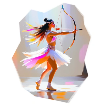 A dancer with long flowing hair, wearing a vibrant costume adorned with feathers and beads, is gracefully holding a sleek arrow as part of their performance. Their body is in an elegant pose, showcasing a perfect balance between strength and fluidity. The dancer's expression reflects focus and poise as they engage the audience. The arrow is positioned delicately in one hand, symbolizing precision and artistry in the performance. The dancer's surroundings include subtle hints of a stage setup, enhancing the visual storytelling of the scene.