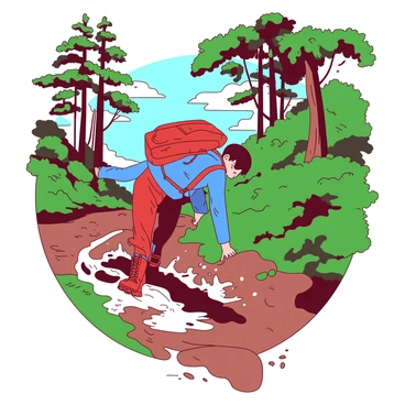 A red hiker is slipping on a steep, wet trail surrounded by lush green foliage. The hiker is wearing a bright blue jacket and sturdy boots, with arms flailing for balance. Water is splashing up from the muddy ground as the hiker loses footing. In the background, tall trees provide shade, their leaves glistening with moisture. The trail is narrow and rocky, adding to the challenge of maintaining grip.