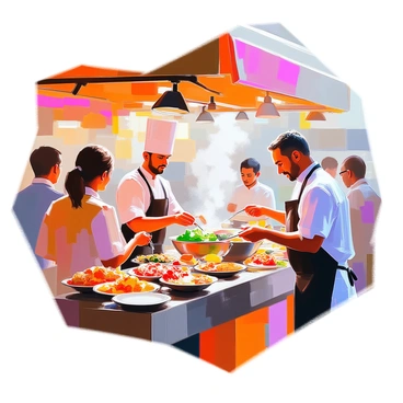 A vibrant food market bustling with activity, featuring a variety of colorful stalls offering diverse cuisines from around the world. Chefs with different ethnic backgrounds are preparing dishes in front of their stalls, showcasing fresh ingredients and cooking techniques. Foodies of various ages and backgrounds are sampling an array of foods, like skewered meats, vibrant salads, and aromatic spices. The atmosphere is lively, with people chatting excitedly and sharing their culinary experiences while surrounded by the enticing visuals and aromas of the market.