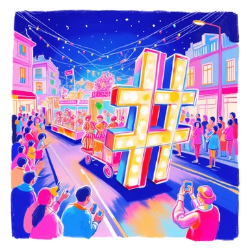 Bright festival lights are arranged in the shape of a hashtag, illuminating the night sky during a lively parade. The hashtag is made up of colorful bulbs in shades of blue, red, green, and yellow. Surrounding the lights, various floats and performers in vibrant costumes are marching, showcasing traditional dance and music. Spectators are gathered along the sides of the street, with excited expressions as they capture the moment on their phones. The atmosphere is filled with celebration and joy under the starlit canopy.