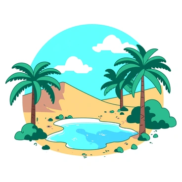 A duotone illustration featuring a vibrant teal desert oasis surrounded by lush green palm trees. In the center of the oasis, there is a clear blue pond reflecting the palms and sky above. The sand surrounding the oasis is a warm, golden hue, contrasting with the vivid colors of the trees and water. Fluffy white clouds dot the blue sky, casting soft shadows on the scenery.