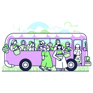 A bus is filled to capacity with farmers and villagers, all sitting closely together. Each individual is wearing traditional clothing, showcasing various patterns and textures. The farmers have sun-kissed skin and weathered hands, indicating a life spent working outdoors. Many of them are holding large woven baskets filled with an assortment of goods, including vegetables, fruits, and grains. The bus has its windows open, allowing fresh air to circulate. Outside the bus, fields of crops are visible, stretching out into the distance under a bright sky. The atmosphere conveys a sense of community and shared purpose as the bus travels back from the rural market.