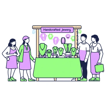 A small stall at a marketplace is filled with handcrafted jewelry elegantly displayed on green velvet stands. The stall has a wooden frame, and above it, a colorful banner with the words "Handcrafted Jewelry" is visible. Various pieces of jewelry, including necklaces, bracelets, and rings, are organized neatly on the stands, showcasing their intricate designs. Some pieces feature delicate gemstones, while others have unique metalwork. Customers browse nearby, examining the jewelry with interest. The atmosphere is lively with other stalls and shoppers in the background.