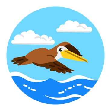 A brown pelican with a long, curved beak is soaring gracefully above the ocean waves. Its wings are extended wide, showcasing the intricate patterns of its feathers in rich browns and whites. Below, the ocean is a vibrant blue, with white-capped waves rolling gently. The sky is a bright blue with fluffy white clouds scattered throughout. The sunlight reflects off the water, creating sparkling highlights. The scene captures a sense of freedom and the beauty of nature.