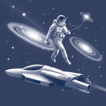 An astronaut in a spacesuit is floating in the vastness of space, tethered to a sleek, futuristic spaceship. The astronaut's helmet reflects various nearby celestial objects. The scene is filled with distant galaxies, each displaying intricate spiral shapes and clusters of stars. The darkness of space surrounds the astronaut, emphasizing the brilliance of the galaxies scattered throughout the background. The spaceship features smooth lines and modern design elements, contrasting with the natural beauty of the cosmic view.