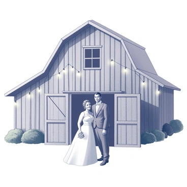 A bride and groom standing side by side in front of a rustic barn. The barn is constructed from weathered wood, displaying an aged appearance. String lights are draped across the barn, illuminating the scene with a warm glow. The bride, dressed in a flowing white gown, holds a bouquet of flowers. The groom, wearing a formal suit, stands close to her, smiling. The background features lush greenery surrounding the barn, enhancing the intimate atmosphere.