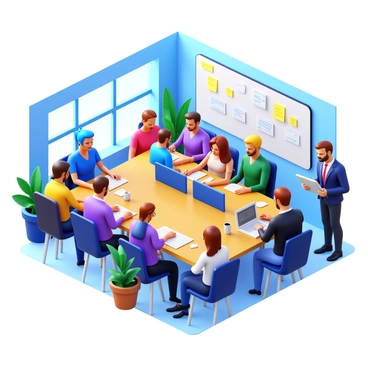 A bustling co-working space filled with people of various professions and backgrounds. A woman with glasses is typing on a laptop at a shared table, while a man in a suit is on a phone call nearby. A group of three individuals, one with bright blue hair, is engaged in a brainstorming session with sticky notes spread across a whiteboard. In the corner, a barista is preparing coffee for a customer. Large windows allow natural light to fill the room, illuminating the diverse group of people collaborating and working. There are plants in various spots around the space, adding a touch of greenery.