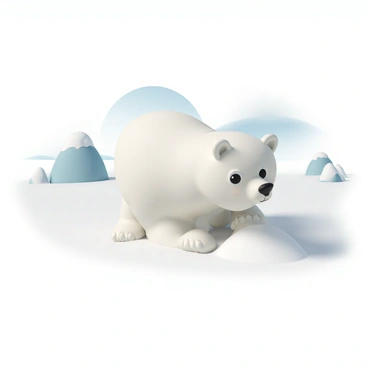 A curious polar bear, with fluffy white fur and a round face, is exploring the snowy terrain of Antarctica. It is peeking over a snow mound, its nose twitching as it takes in the cold air. The surrounding landscape is covered in thick, pristine snow, with small icy hills and a clear blue sky above. The bear's eyes are wide with intrigue, and its large paws are partially buried in the soft snow as it leans forward, ready to investigate further.