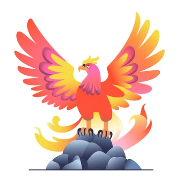 A majestic phoenix with iridescent feathers in shades of red, gold, and orange is rising from a pile of gray ashes. Its wings are fully spread, showcasing intricate feather details that catch the light. Around the phoenix, bright flames dance in vivid hues of yellow, orange, and red, creating a dramatic effect. The background features a gradient that shifts from dark to bright, enhancing the vibrant colors of the scene. The phoenix's eyes are fierce and determined, adding a sense of power to the image.