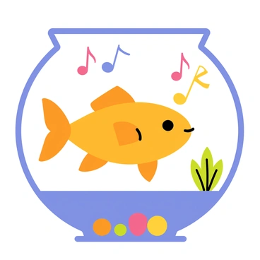 A vibrant orange goldfish swimming in a clear glass fishbowl. The fishbowl is filled with blue water and colorful pebbles at the bottom. Surrounding the goldfish, there are musical notes in various colors, like pink, blue, and yellow, gently floating in the air above the water. The fish is shown with a playful expression, as it creates these musical notes that swirl and dance around it. A small green plant is placed on one side of the fishbowl, adding a touch of nature to the scene.