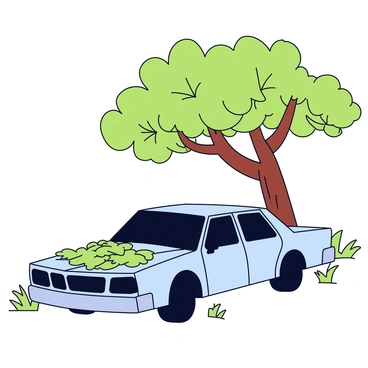 An abandoned car, rusted and faded, is parked beneath a large, leafy tree. The car's windows are slightly tinted and dark, giving it a mysterious appearance. Its body is partially covered in a thick layer of green and brown leaves, indicating that it has been there for some time. The tree's branches extend outwards, casting dappled shadows across the car, creating a sense of isolation in a natural setting.