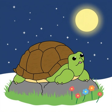 A wise tortoise with a textured, greenish-brown shell is sitting on a rock. The tortoise has large, thoughtful eyes, looking up at a glowing full moon. The night sky is sprinkled with twinkling stars, creating a serene atmosphere. The tortoise's expression is one of contemplation, as it reflects on the moral of the race. Nearby, soft grass with a few colorful flowers adds vibrancy to the scene. The moonlight casts a gentle glow, illuminating the tortoise and the surrounding environment.