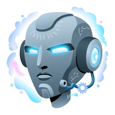 A futuristic robotic face is displayed prominently, featuring smooth metallic surfaces and intricate circuitry patterns. The face has an angular design, showcasing sharp contours and reflective elements. Glowing eyes emit a bright blue light, creating a striking contrast against the dark metallic tones. Surrounding the face are various mechanical components, including gears and wires, subtly blending into the background. The overall composition highlights the advanced technology embodied in the robotic face, emphasizing its intricate design and luminous features.
