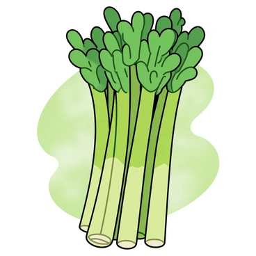 A bunch of celery with vibrant, elongated stalks and green leaves at the top. The celery stalks are arranged in a slightly curved manner, showcasing their ribbed texture. The leaves are bright and lush, fanning out at the top. The background features a soft blend of various shades of green, creating an impression of watercolor paints merging together. The light glistens off the celery, enhancing its fresh appearance.