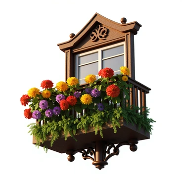 A vintage wrought iron balcony with an intricate design, displaying a rich patina. The balcony is adorned with an abundance of colorful flowers, including vibrant red, yellow, and purple blooms cascading over the edges. Lush green foliage surrounds the flowers, creating a lush and lively appearance. The setting sun casts a warm glow on the balcony, highlighting the details of the ironwork and the vivid colors of the flowers.