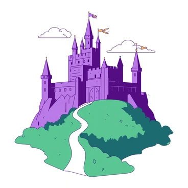A purple castle with tall spires is sitting atop a green hill. The castle's walls are adorned with intricate stone carvings. Colorful banners depicting various symbols are fluttering in the wind from the castle's towers. The sky above is clear, allowing sunlight to illuminate the scene, casting soft shadows on the hill. Below the hill, a winding path leads up to the castle, flanked by lush greenery.