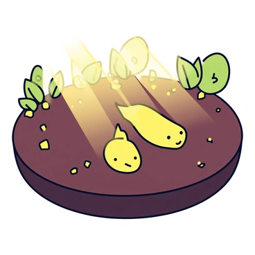 A nematode with a delicate, elongated body rests on the surface of dark brown soil. The soil is granulated with small particles, creating texture. Soft rays of sunlight filter through the soil above, illuminating the nematode in a warm glow. The scene features subtle shades of brown and green, with small scattered specks of organic matter visible around the nematode. The overall composition highlights the contrast between the soft light and the earthy tones of the soil.