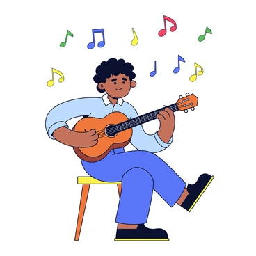 A musician with curly hair is playing a wooden acoustic guitar. The musician is focused and sitting on a simple stool. Surrounding the musician are several colorful musical notes in various sizes, symbolizing the lessons learned through music. Each note has a different color, including red, blue, yellow, and green, creating a vibrant atmosphere. The background is minimalistic to emphasize the musician and the floating notes.