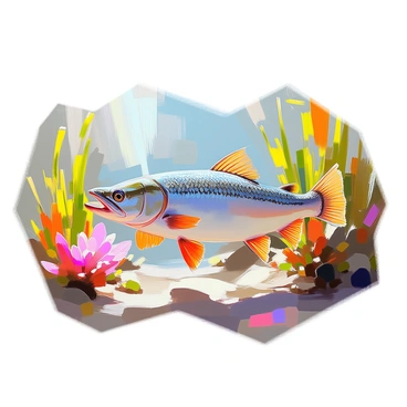 A pike fish, with its elongated, streamlined body and sharp, pointed snout, is camouflaged among vibrant underwater vegetation. The fish's scales display a mix of greens and browns, allowing it to blend seamlessly into the lush aquatic environment. Brightly colored plants, such as green ribbons of seagrass and clusters of leafy aquatic flora, surround the pike, providing a contrast to its coloration. Sunlight filters down through the water, creating dappled patterns on the sandy bottom, enhancing the details of the scene. The pike remains still, poised among the vegetation, showcasing its hunting prowess.