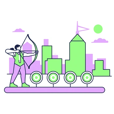 A cityscape with an archer practicing on rooftop targets